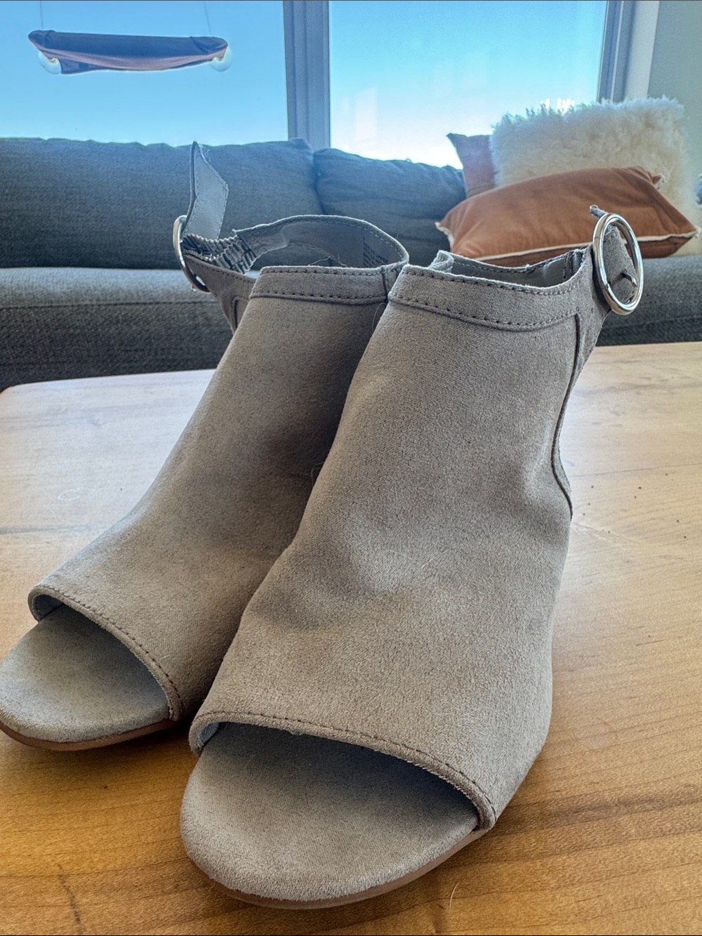 a new day Gray Open-Toe Suede Ankle Strap Sandals with Round Silver Buckle